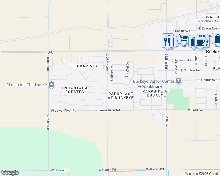 map of restaurants, bars, coffee shops, grocery stores, and more near 8923 South 254th Drive in Buckeye