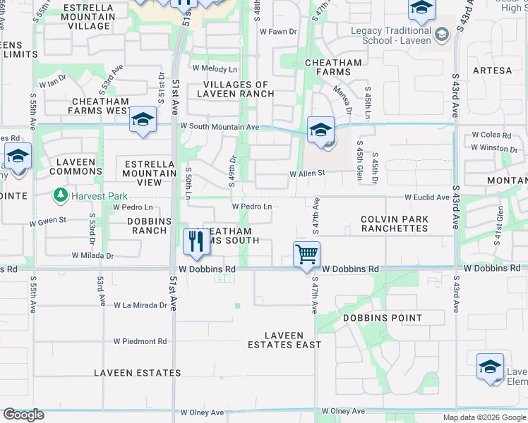 map of restaurants, bars, coffee shops, grocery stores, and more near 4821 West Pedro Lane in Phoenix