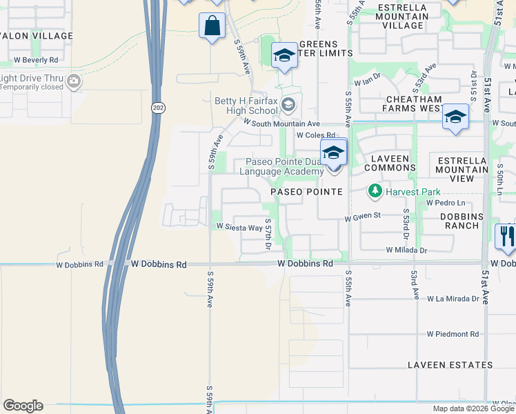 map of restaurants, bars, coffee shops, grocery stores, and more near 5741 West Pedro Lane in Phoenix