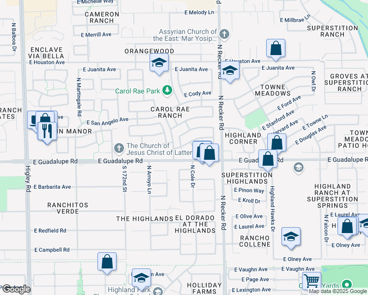 map of restaurants, bars, coffee shops, grocery stores, and more near 845 North Cole Court in Gilbert