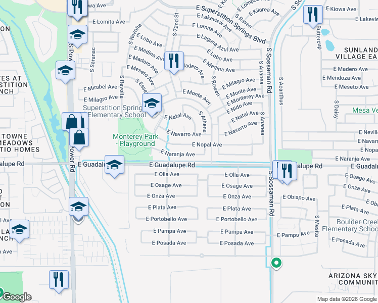 map of restaurants, bars, coffee shops, grocery stores, and more near 7258 East Naranja Avenue in Mesa