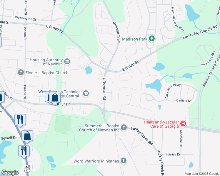 map of restaurants, bars, coffee shops, grocery stores, and more near 175 Preserve Drive in Newnan