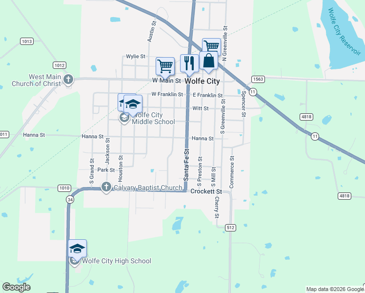 map of restaurants, bars, coffee shops, grocery stores, and more near 564 Santa Fe Street in Wolfe City