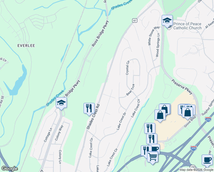 map of restaurants, bars, coffee shops, grocery stores, and more near 125 Shades Crest Road in Birmingham