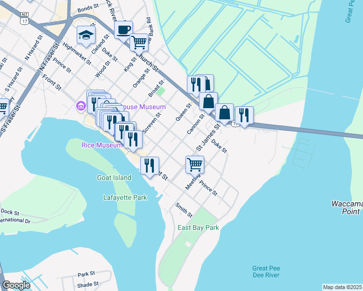 map of restaurants, bars, coffee shops, grocery stores, and more near 431 Highmarket Street in Georgetown