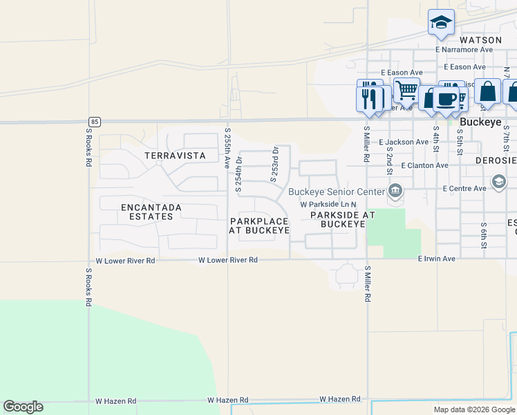map of restaurants, bars, coffee shops, grocery stores, and more near 25412 West Mahoney Avenue in Buckeye