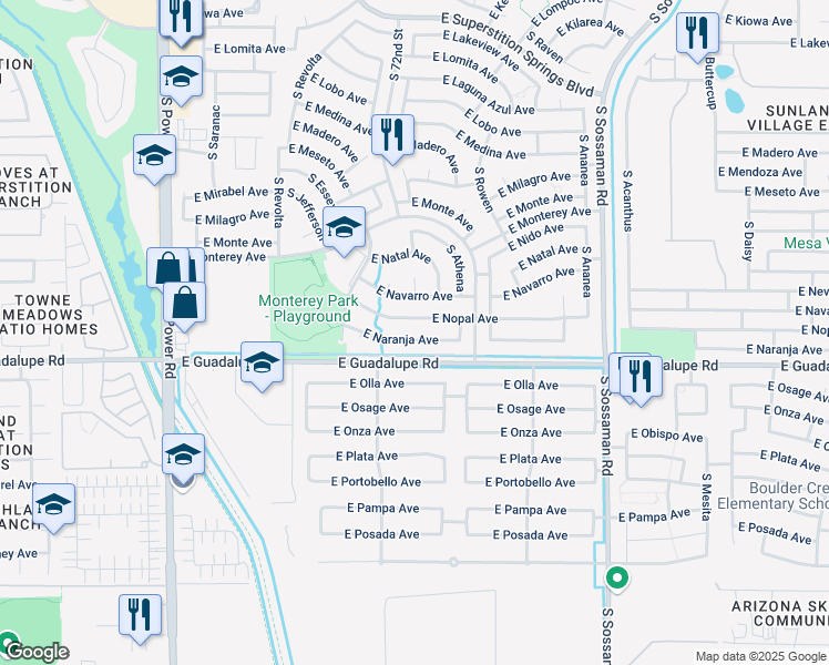 map of restaurants, bars, coffee shops, grocery stores, and more near 7258 East Naranja Avenue in Mesa