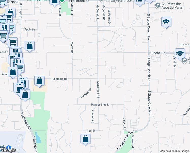 map of restaurants, bars, coffee shops, grocery stores, and more near 1073 Barsky Lane in Fallbrook