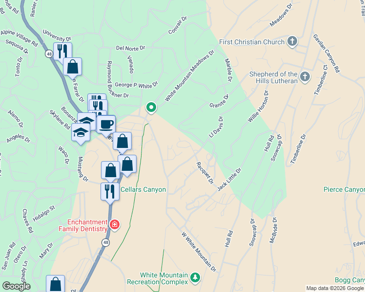 map of restaurants, bars, coffee shops, grocery stores, and more near 27 Racquet Drive in Ruidoso