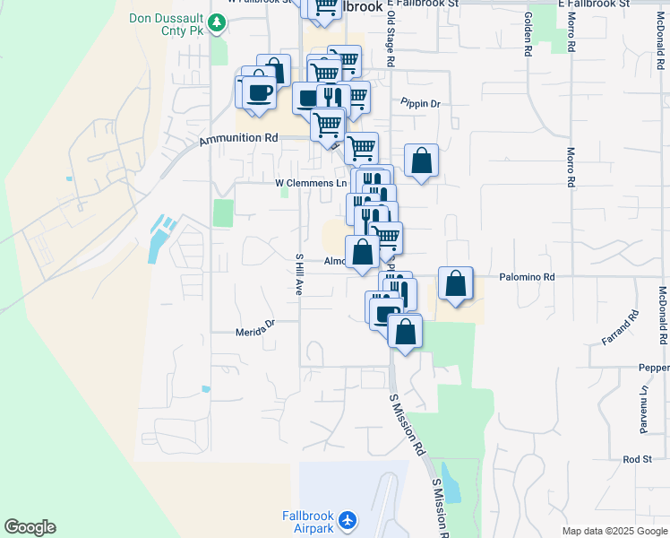 map of restaurants, bars, coffee shops, grocery stores, and more near 208 Almond St in Fallbrook