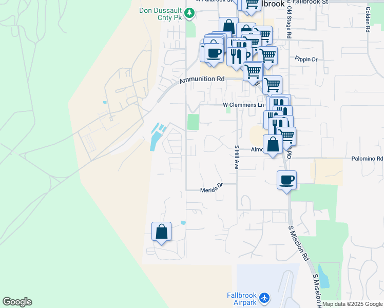 map of restaurants, bars, coffee shops, grocery stores, and more near 1456 Alturas Street in Fallbrook