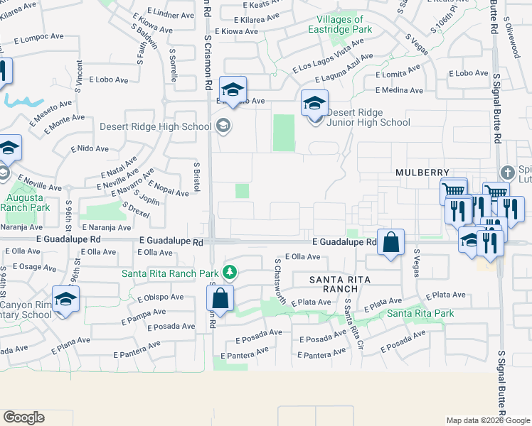 map of restaurants, bars, coffee shops, grocery stores, and more near 10148 East Naranja Avenue in Mesa