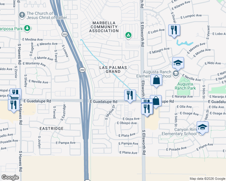 map of restaurants, bars, coffee shops, grocery stores, and more near 2625-2651 S 206th St in Mesa