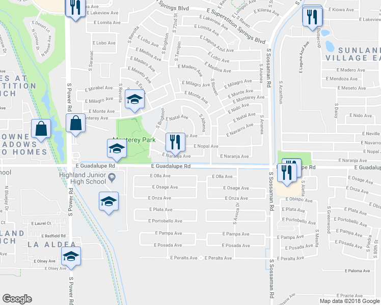 map of restaurants, bars, coffee shops, grocery stores, and more near 7258 East Naranja Avenue in Mesa
