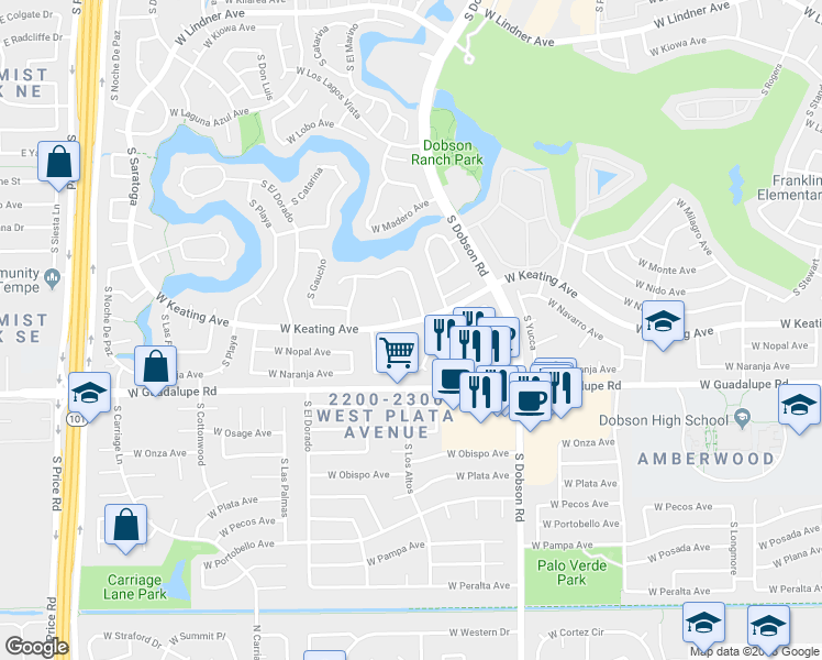 map of restaurants, bars, coffee shops, grocery stores, and more near 2702 South Los Altos in Mesa