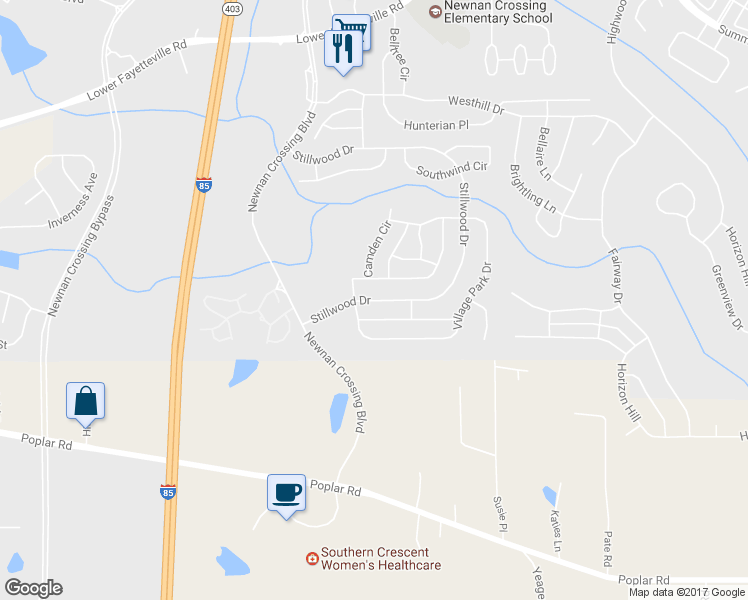 map of restaurants, bars, coffee shops, grocery stores, and more near Stillwood Drive in Newnan