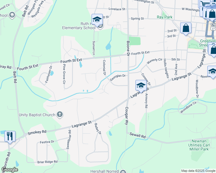 map of restaurants, bars, coffee shops, grocery stores, and more near 19 Georgian Drive in Newnan
