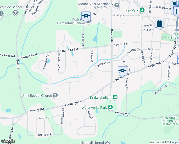 map of restaurants, bars, coffee shops, grocery stores, and more near 19 Georgian Drive in Newnan