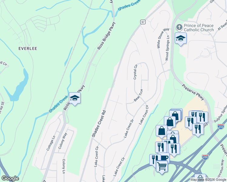 map of restaurants, bars, coffee shops, grocery stores, and more near 125 Shades Crest Road in Birmingham