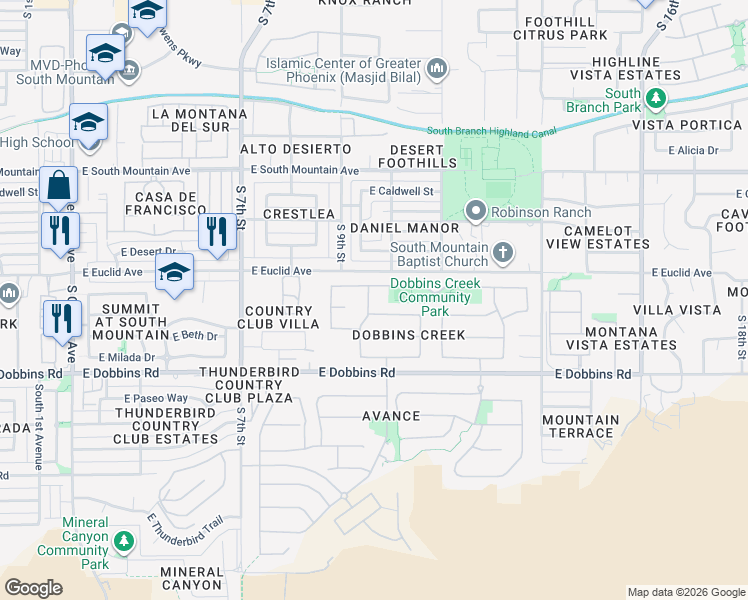 map of restaurants, bars, coffee shops, grocery stores, and more near 8813 South 10th Street in Phoenix