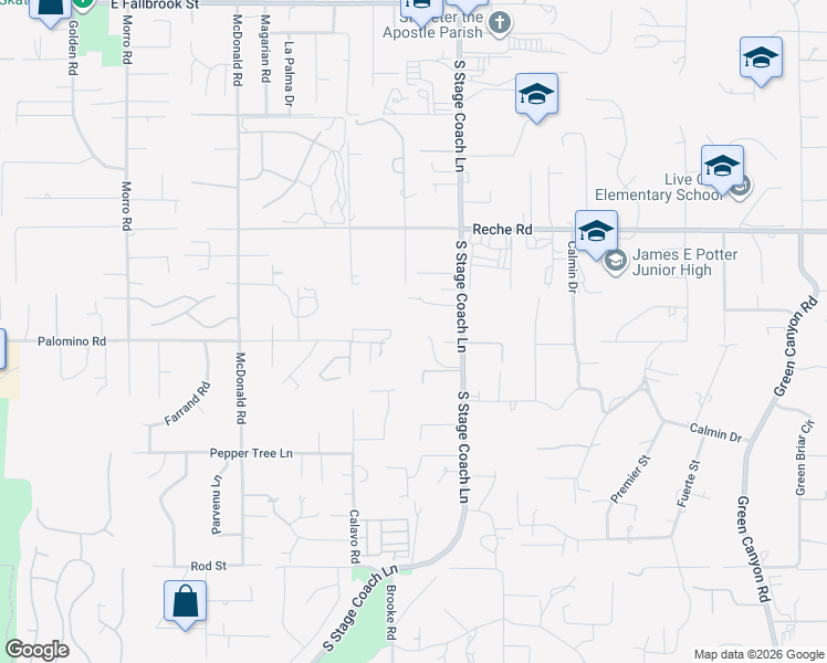 map of restaurants, bars, coffee shops, grocery stores, and more near 1402 Broken Arrow Lane in Fallbrook