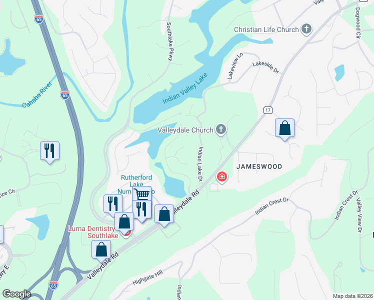 map of restaurants, bars, coffee shops, grocery stores, and more near 5217 Overlook Circle in Hoover