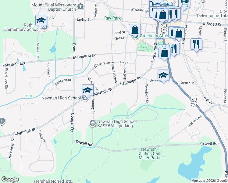 map of restaurants, bars, coffee shops, grocery stores, and more near 5 Watson Drive in Newnan
