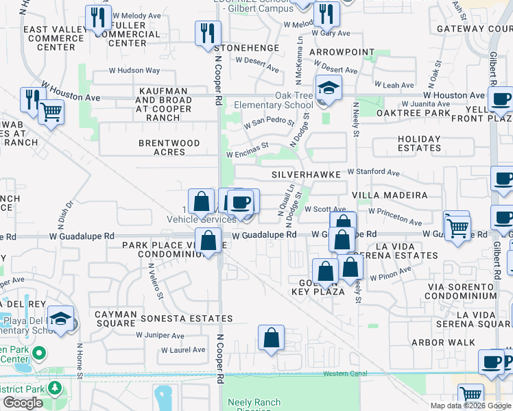 map of restaurants, bars, coffee shops, grocery stores, and more near 722 West Scott Avenue in Gilbert