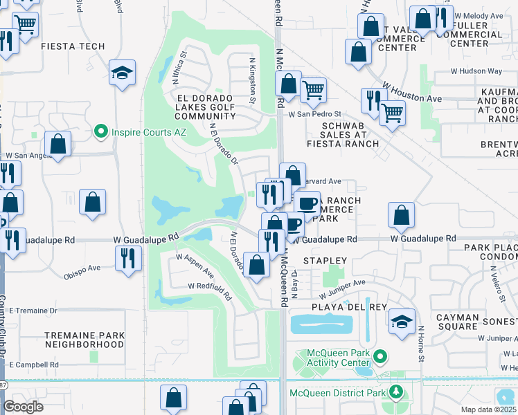 map of restaurants, bars, coffee shops, grocery stores, and more near 845 North El Dorado Drive in Gilbert