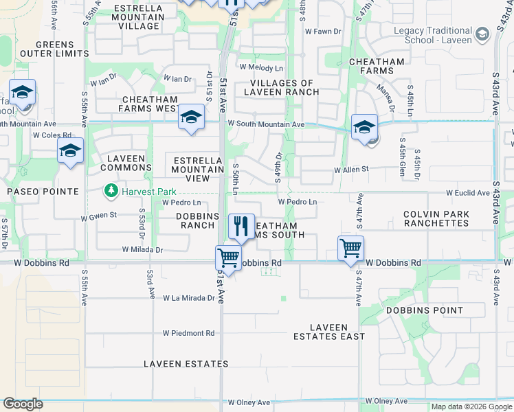 map of restaurants, bars, coffee shops, grocery stores, and more near 5003 West Pedro Lane in Phoenix