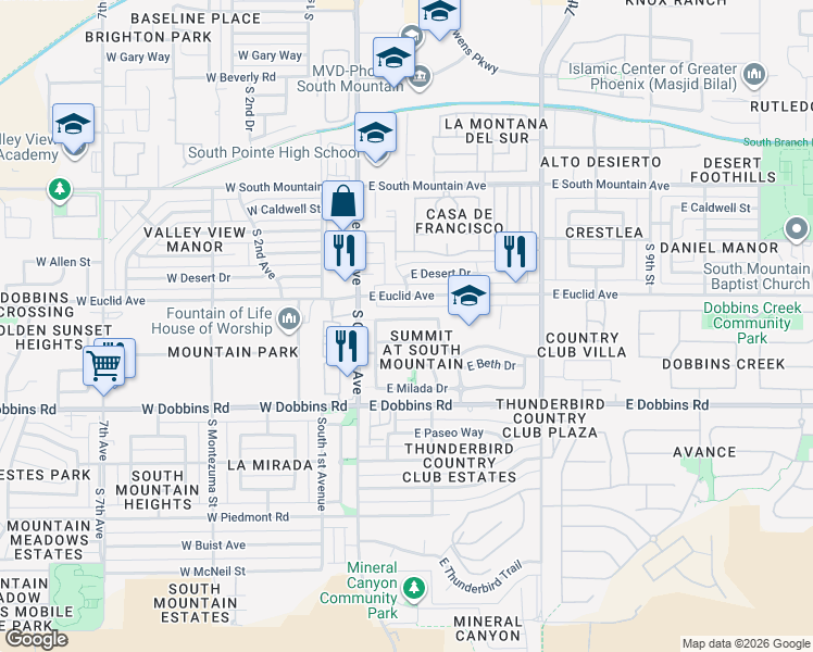 map of restaurants, bars, coffee shops, grocery stores, and more near 211 East Valley View Drive in Phoenix