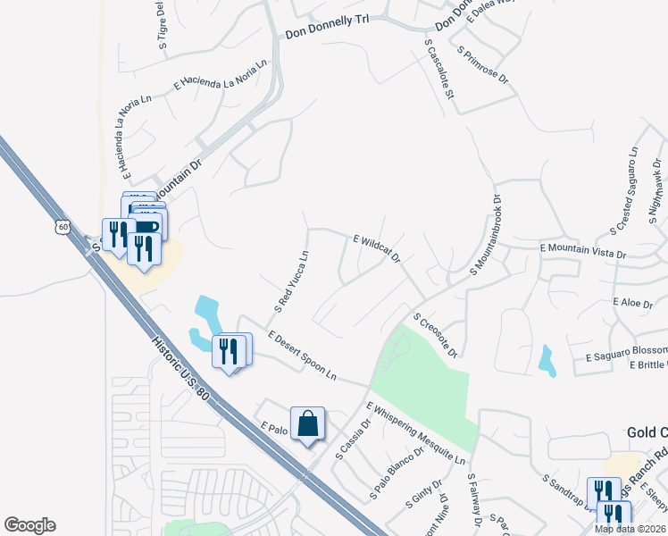 map of restaurants, bars, coffee shops, grocery stores, and more near 5396 South Emerald Desert Drive in Gold Canyon