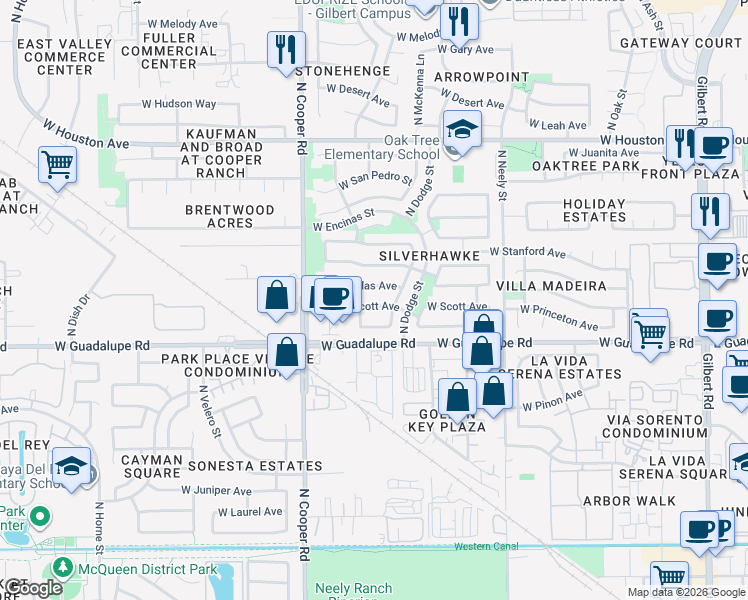 map of restaurants, bars, coffee shops, grocery stores, and more near 660 West Scott Avenue in Gilbert