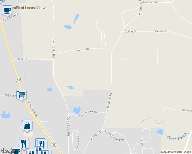 map of restaurants, bars, coffee shops, grocery stores, and more near 461 South Bethany Road in Locust Grove