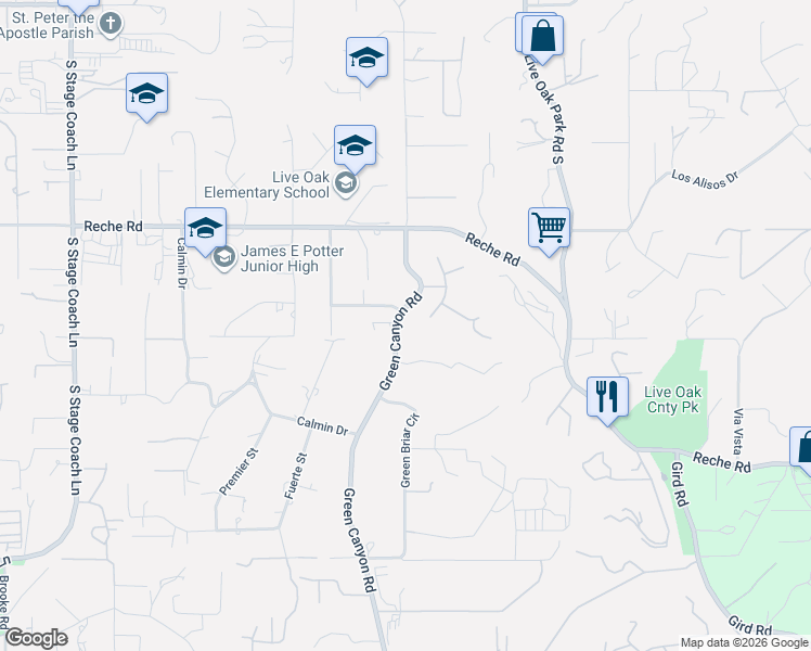 map of restaurants, bars, coffee shops, grocery stores, and more near 1495 Meredith Road in Fallbrook