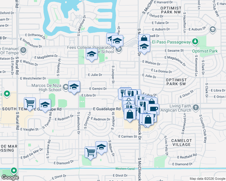 map of restaurants, bars, coffee shops, grocery stores, and more near 1523 East Gemini Drive in Tempe