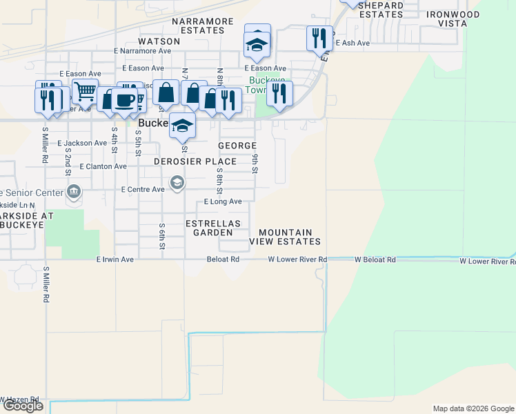 map of restaurants, bars, coffee shops, grocery stores, and more near 406 9th Street South in Buckeye