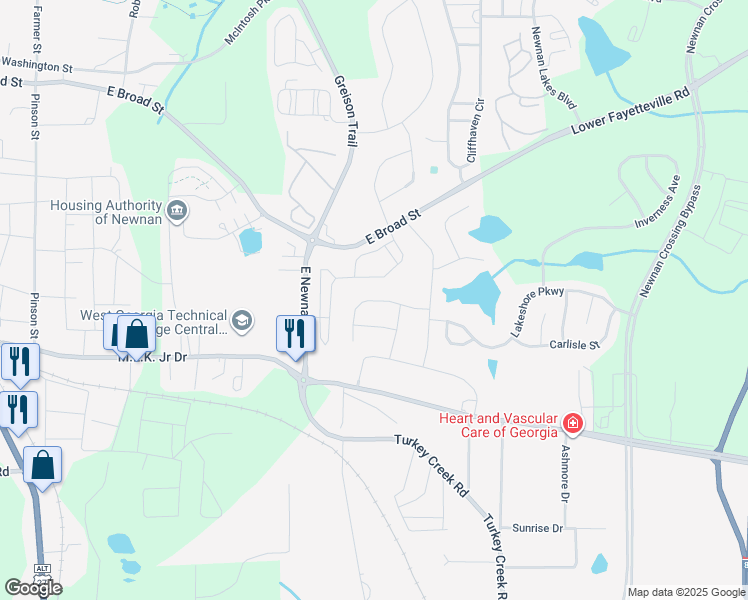 map of restaurants, bars, coffee shops, grocery stores, and more near 37 Tahoe Drive in Newnan