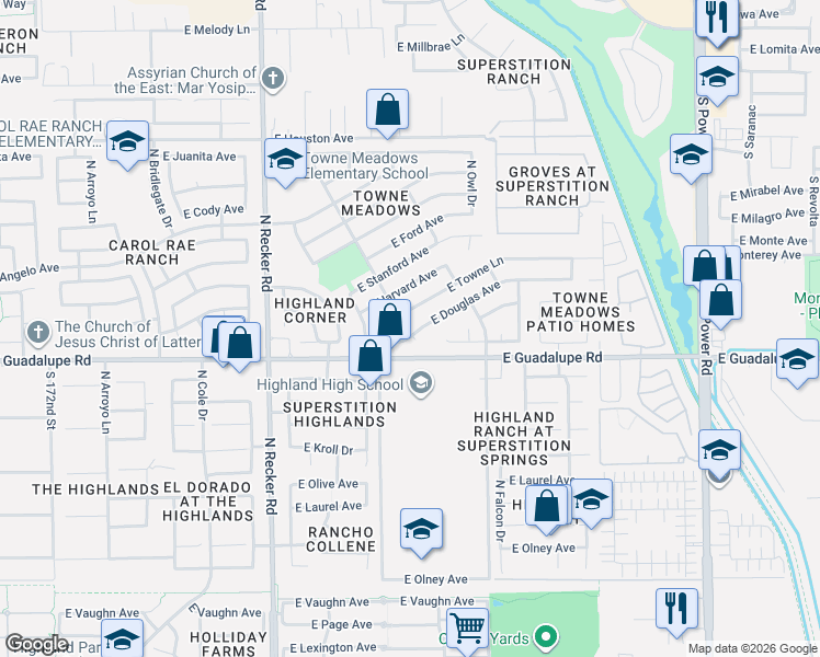 map of restaurants, bars, coffee shops, grocery stores, and more near 4232 East Douglas Avenue in Gilbert