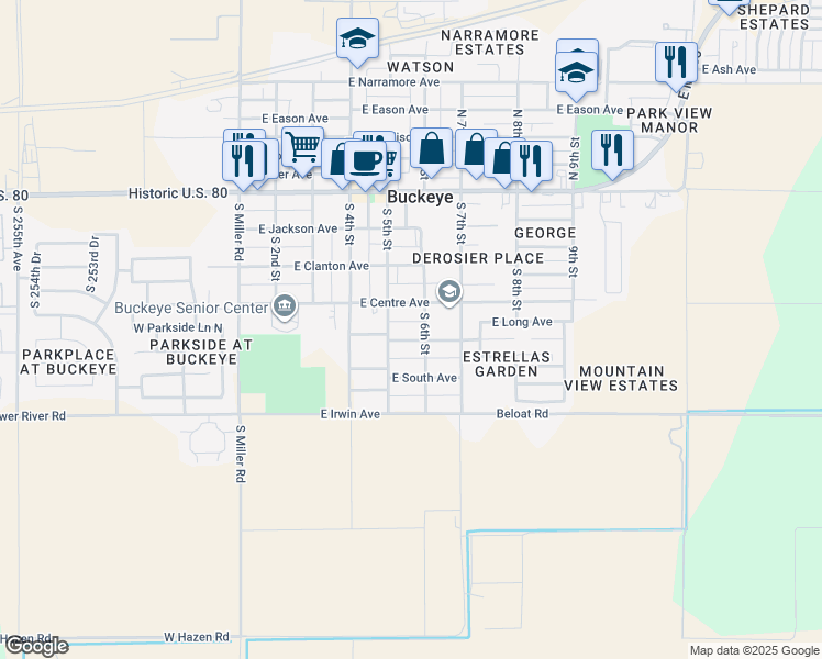 map of restaurants, bars, coffee shops, grocery stores, and more near 508 East Mahoney Avenue in Buckeye