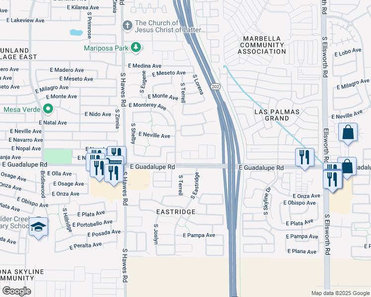 map of restaurants, bars, coffee shops, grocery stores, and more near 8626 East Naranja Avenue in Mesa