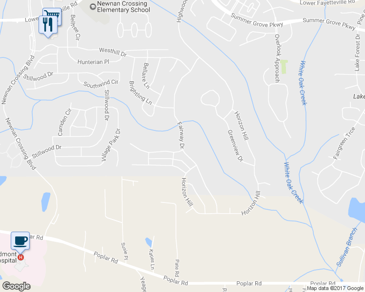 map of restaurants, bars, coffee shops, grocery stores, and more near 126 Fairway Drive in Newnan