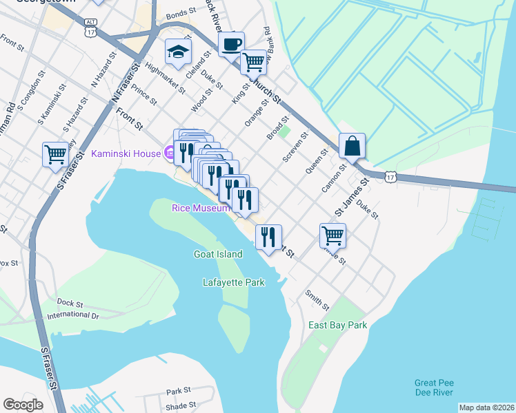 map of restaurants, bars, coffee shops, grocery stores, and more near 122 Screven Street in Georgetown
