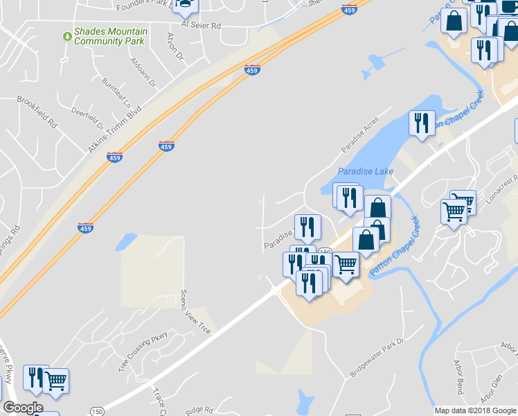 map of restaurants, bars, coffee shops, grocery stores, and more near 4938 Paradise Lake Circle in Birmingham