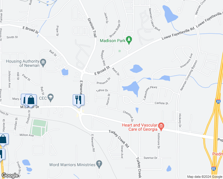 map of restaurants, bars, coffee shops, grocery stores, and more near 17 Tahoe Drive in Newnan