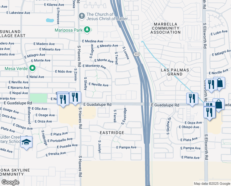 map of restaurants, bars, coffee shops, grocery stores, and more near 8626 East Naranja Avenue in Mesa