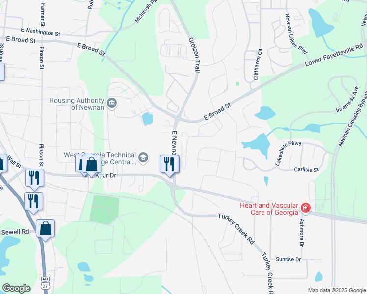 map of restaurants, bars, coffee shops, grocery stores, and more near 167 Preserve Drive in Newnan