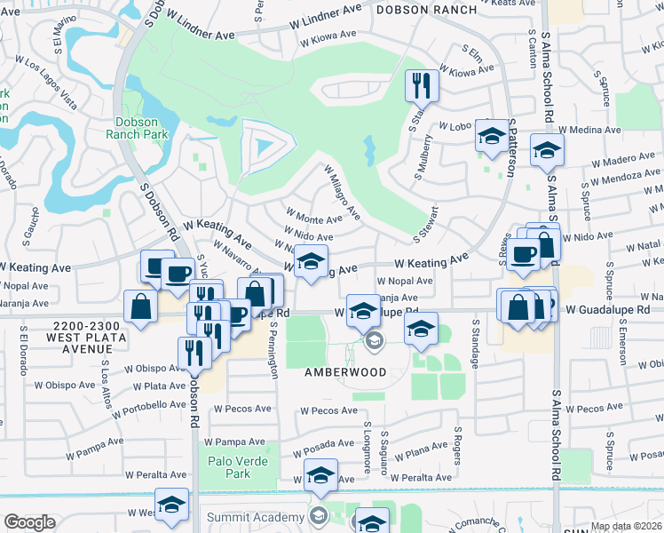 map of restaurants, bars, coffee shops, grocery stores, and more near 1664 West Keating Avenue in Mesa