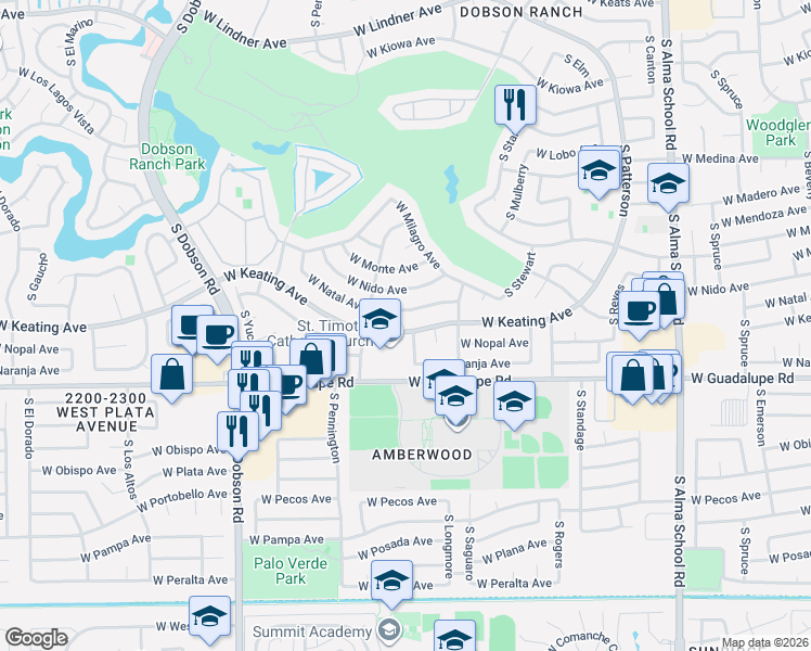 map of restaurants, bars, coffee shops, grocery stores, and more near 1664 West Keating Avenue in Mesa