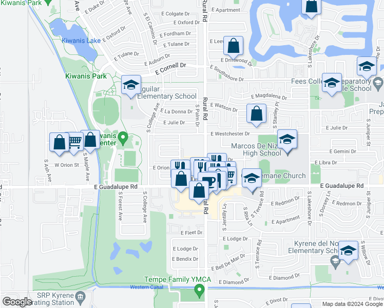 map of restaurants, bars, coffee shops, grocery stores, and more near 6150 South Rural Road in Tempe